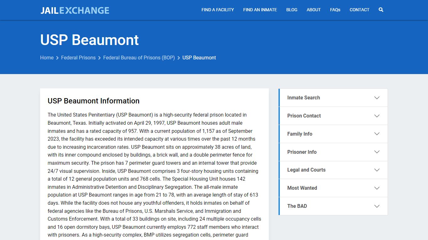 Federal Inmate Search - USP Beaumont - Jail Exchange